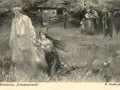 Scena z ballady romantyczność: dziewczyna błaga o litość, postać w bieli odchodzi, w tle chata i ludzie.