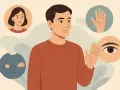 Mowa ciała: mężczyzna z uniesioną dłonią, obok portrety i symbole: uśmiechnięta kobieta, skrzyżowane ręce, oko, dłoń.