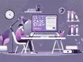 Ilustracja pokazuje osobę uczącą się, jak napisać case study. Na ekranie laptopa widnieje tytuł "HOW TO WRITE A CASE STUDY".