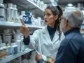 Młody technik farmacji pomaga starszemu panu wybrać odpowiednie leki z aptecznej półki.