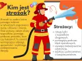 Odważny strażak w czerwonym stroju gasi pożar wodą z węża. Pomaga ludziom w potrzebie.