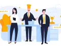 Trzy osoby w garniturach, jedna w czapce kucharskiej, stoją obok siebie. W tle gwiazdki i oceny. To przykład, jak budować employer branding co to znaczy.