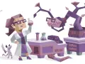 Kobieta z okularami, w fartuchu, bada fiolkę. Obok robot i dziwny stwór. To wizualizacja intp osobowości, pełna naukowych eksperymentów i fantazji.