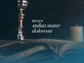 Kielich, otwarta księga z różańcem i płonąca świeca. Motyw stabat mater dolorosa.