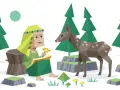 Kobieta o łagodnym spojrzeniu, niczym **INFP**, siedzi na pniu, trzymając kwiat. Obok niej stoi sarenka, a wokół rozciąga się las.