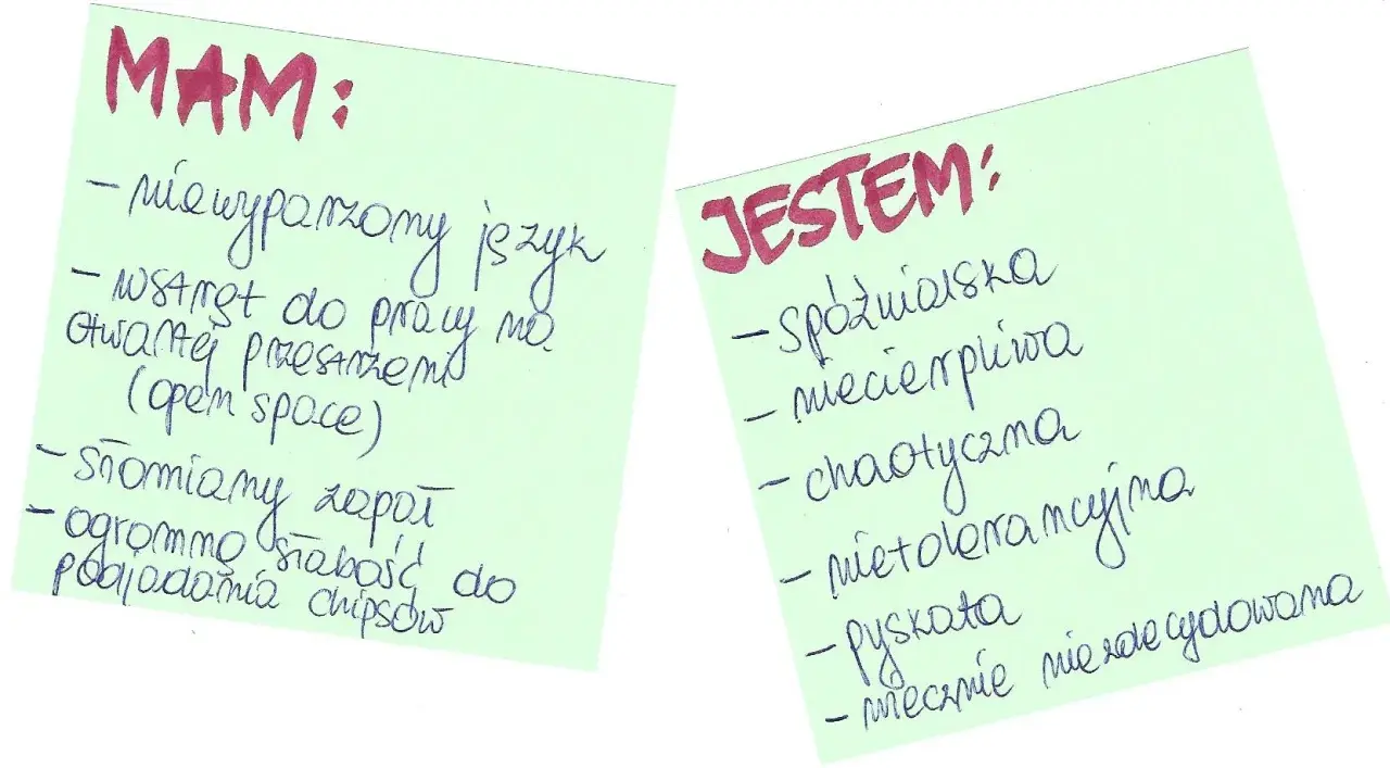 Słabe strony przykłady: "MAM: niewyparzony język, wstręt do pracy w open space, słomiany zapał, słabość do chipsów. JESTEM: spóźnialska, niecierpliwa, chaotyczna, nietolerancyjna, pyskata, niezdyscyplinowana.