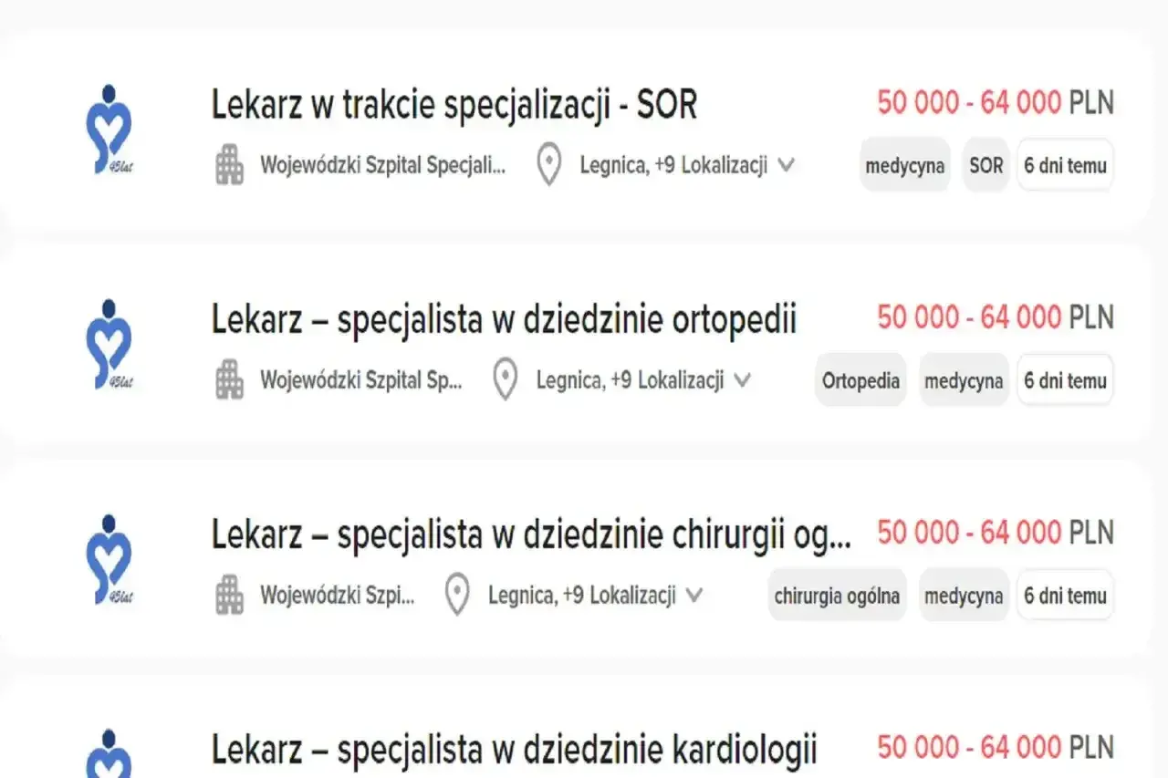 Zestawienie ofert pracy dla lekarzy w szpitalach, pokazujące, ile zarabia lekarz w zależności od specjalizacji i etapu kariery, np. 50 000-64 000 PLN.
