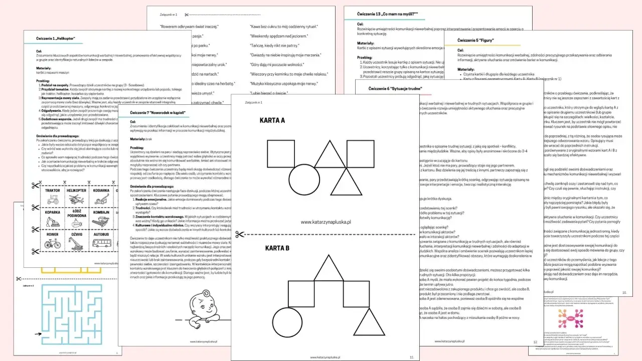 Karta A i B z figurami geometrycznymi do ćwiczenia komunikacji werbalnej i niewerbalnej.