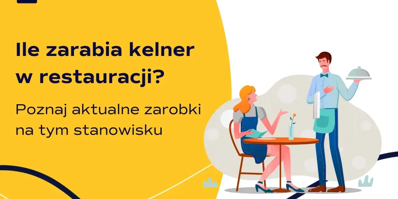 Ile zarabia kelner w restauracji? Dowiedz się, jakie są aktualne zarobki na tym stanowisku. Ilustracja przedstawia kelnera podającego danie klientce.