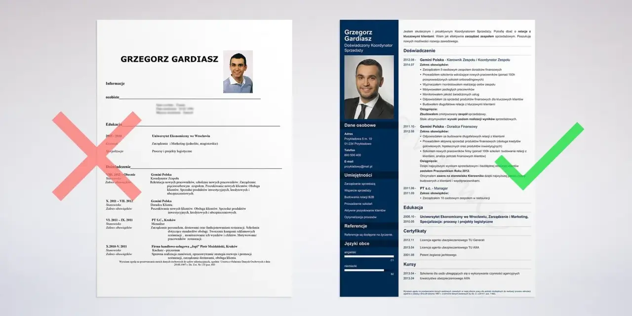 CV Grzegorza Gardiasza, koordynatora sprzedaży. W sekcji "Kursy" znajduje się wpis o szkoleniu agencyjnym, co może być interesującym **hobby w CV**.