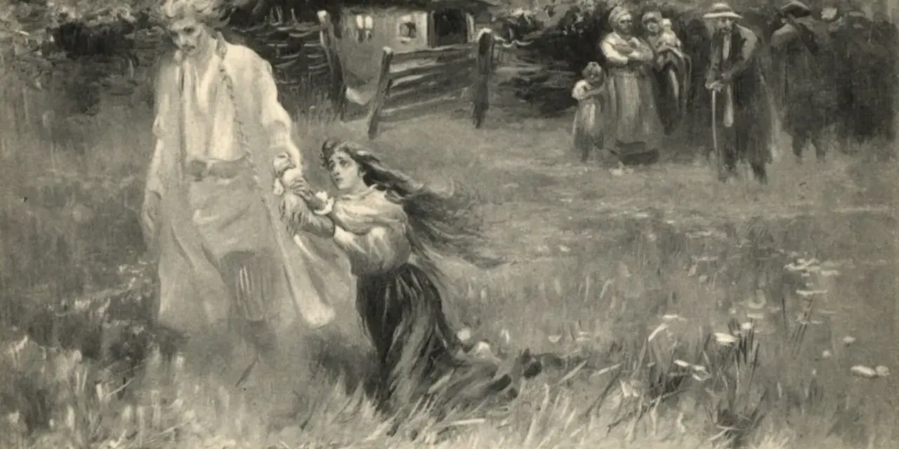 Scena z ballady romantyczność: dziewczyna błaga o litość, postać w bieli odchodzi, w tle chata i ludzie.
