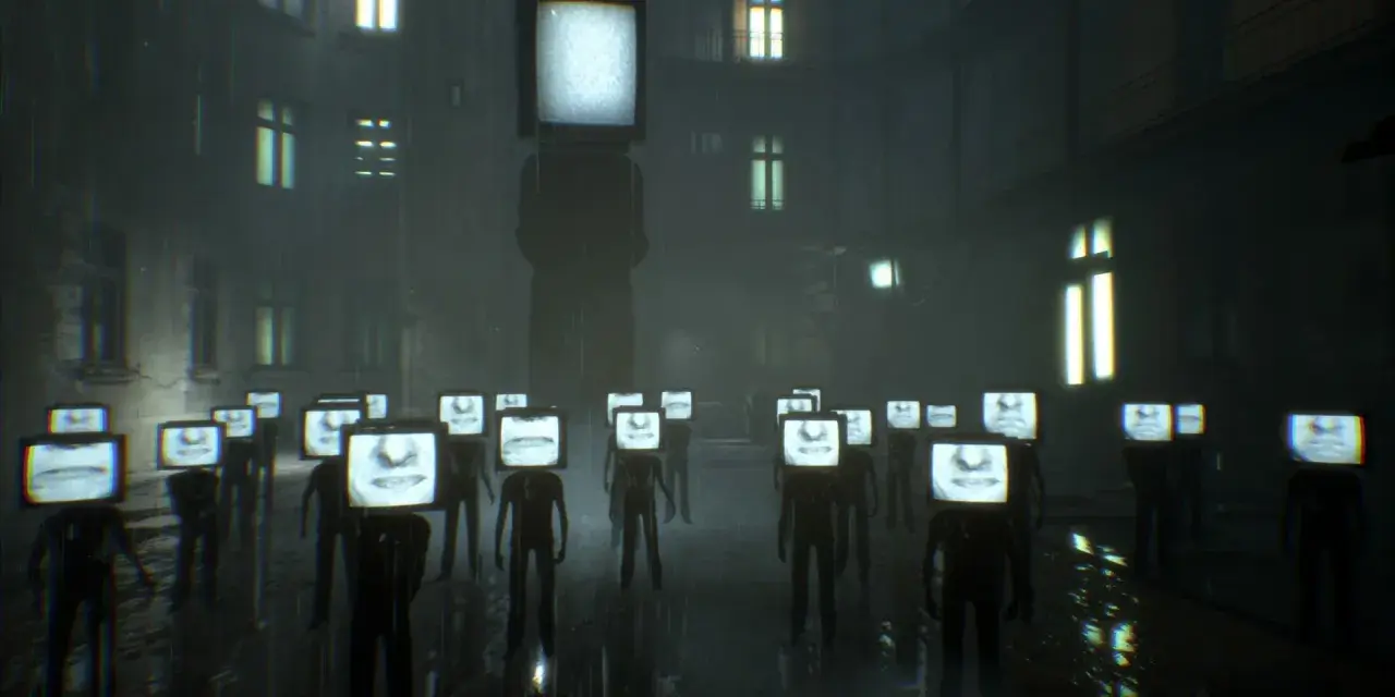 Postacie z telewizorami zamiast głów, stojące w deszczu. To obraz przerażającej dystopii, gdzie jednostka jest zastąpiona przez ekran.