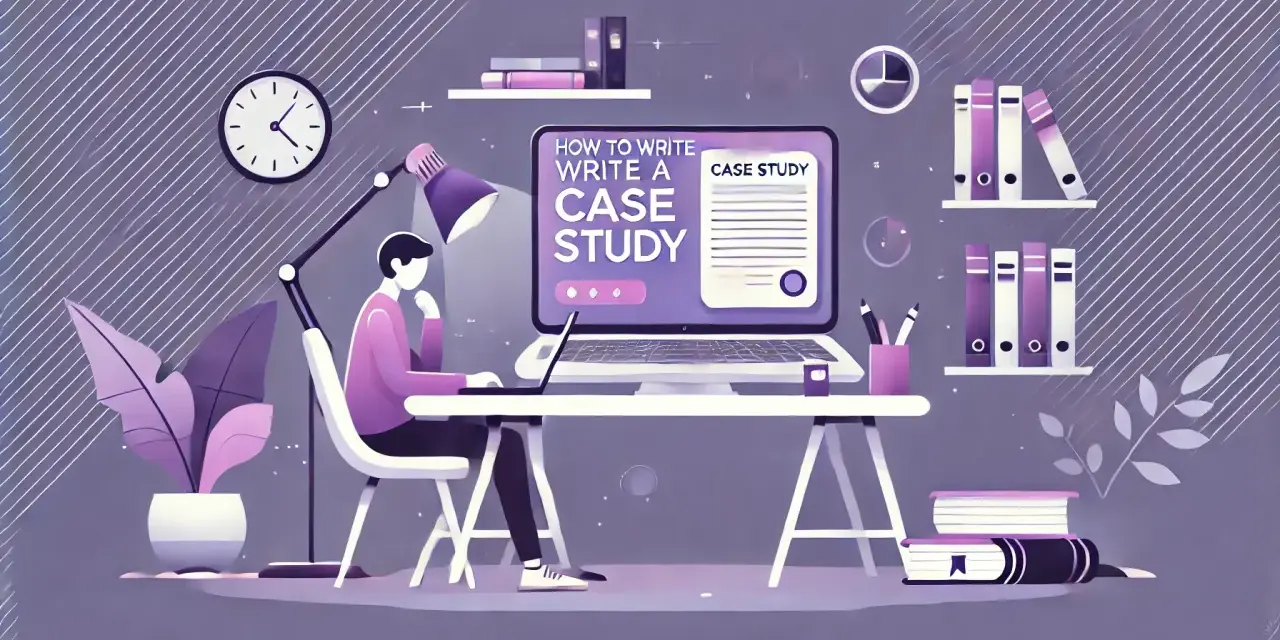 Ilustracja pokazuje osobę uczącą się, jak napisać case study. Na ekranie laptopa widnieje tytuł "HOW TO WRITE A CASE STUDY".
