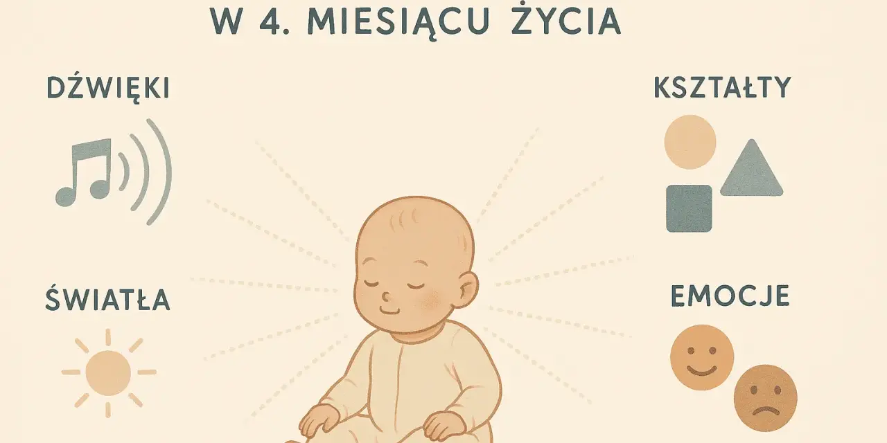 4 skok rozwojowy: dziecko odbiera dźwięki, światła, kształty i emocje.