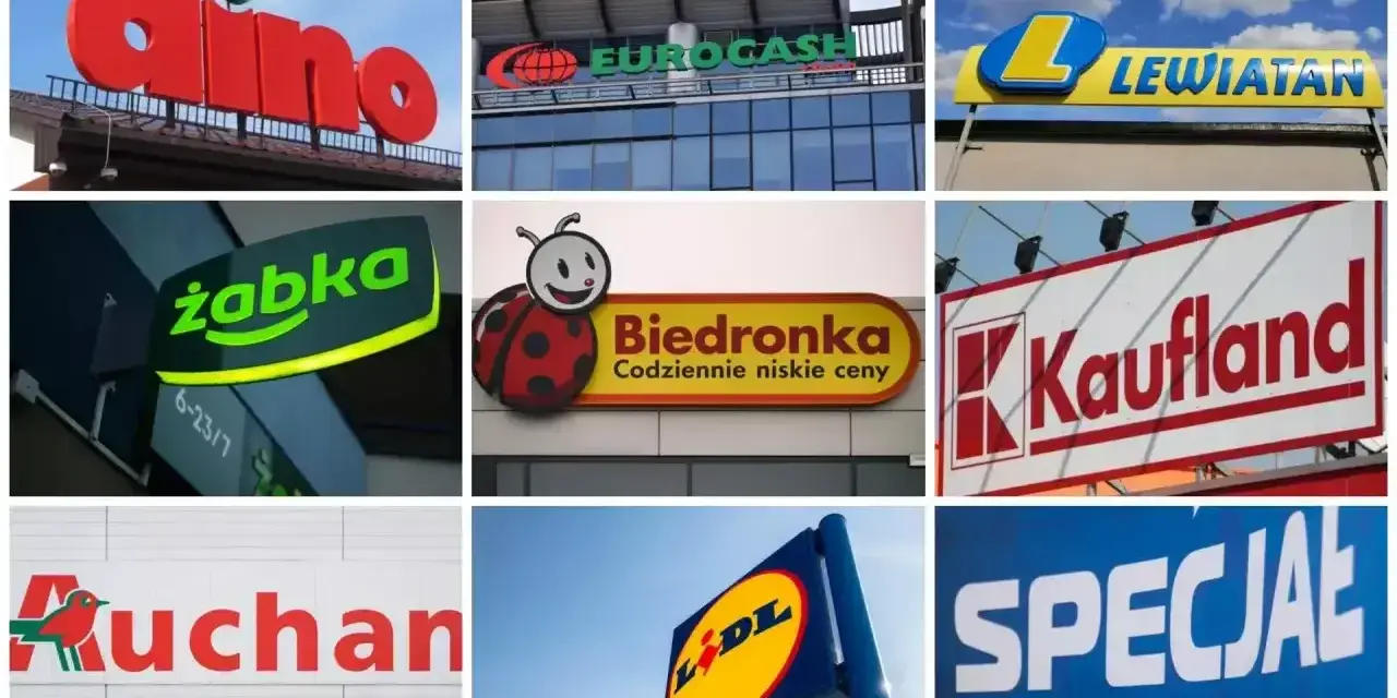 Logo sklepów: Dino, Eurocash, Lewiatan, Żabka, Biedronka, Kaufland, Auchan, Lidl, Specjał. Zastanawiasz się, ile zarabia się w Żabce?