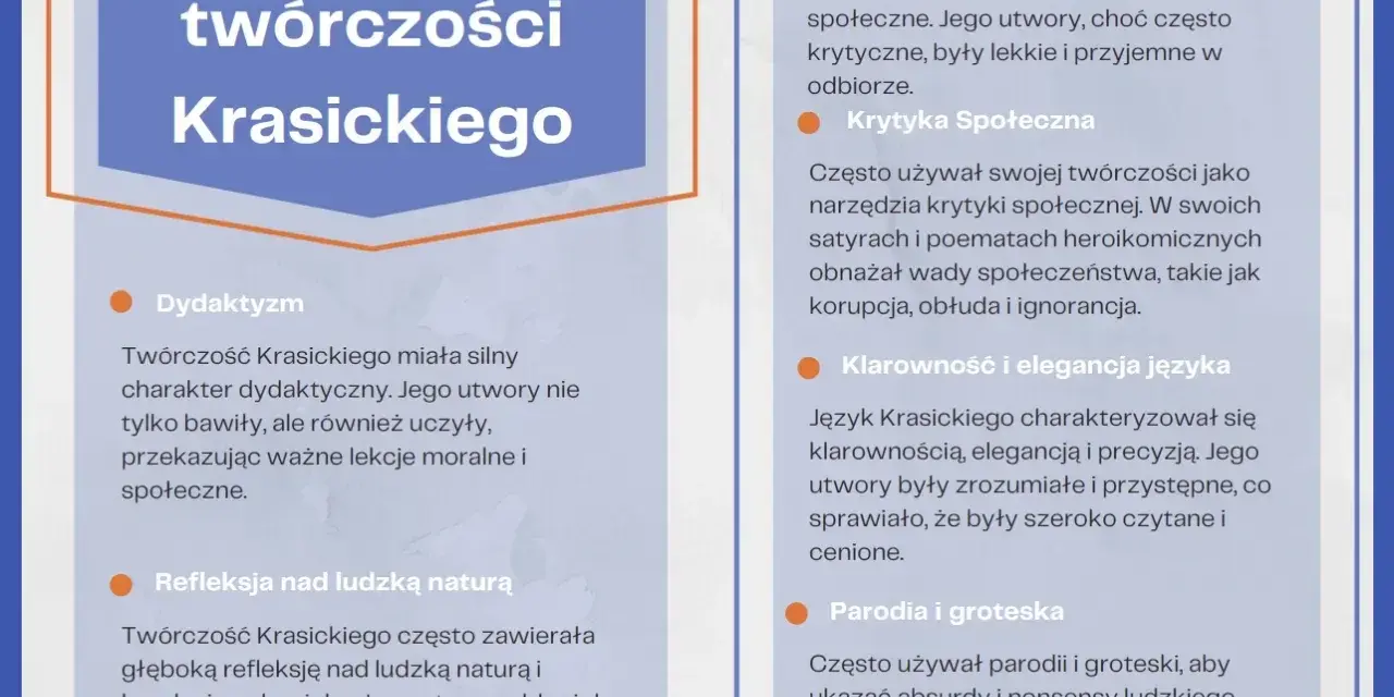 Cechy twórczości Krasickiego: humor, ironia, krytyka społeczna, dydaktyzm, refleksja nad naturą ludzką, klarowność języka, parodia i groteska.