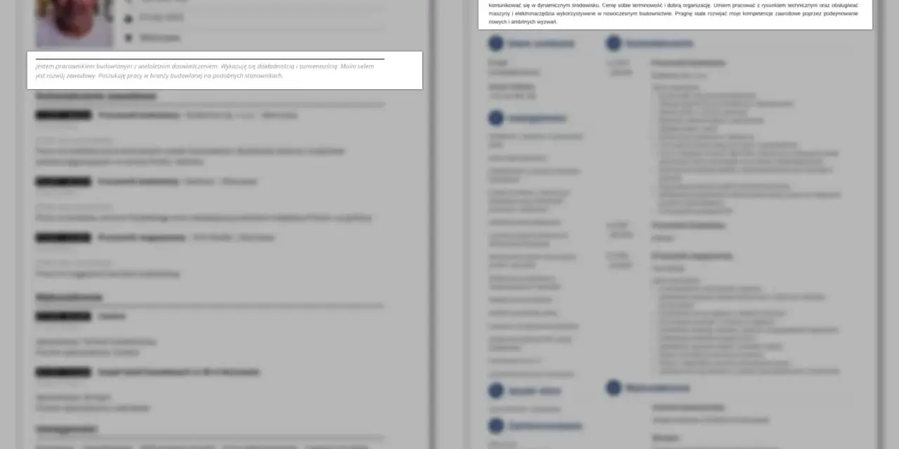 Jan Kowalski, budowlaniec z 15-letnim doświadczeniem, szuka pracy. Jego życiorys podkreśla dokładność, sumienność i chęć rozwoju.