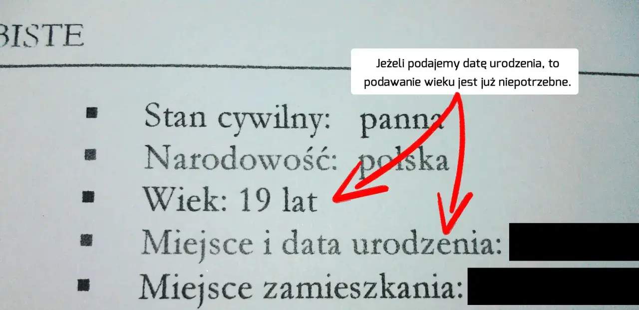 Wskazówki jak napisać CV do pracy: dane osobowe, narodowość, wiek. Podkreślono, że podawanie wieku jest zbędne, gdy jest data urodzenia.