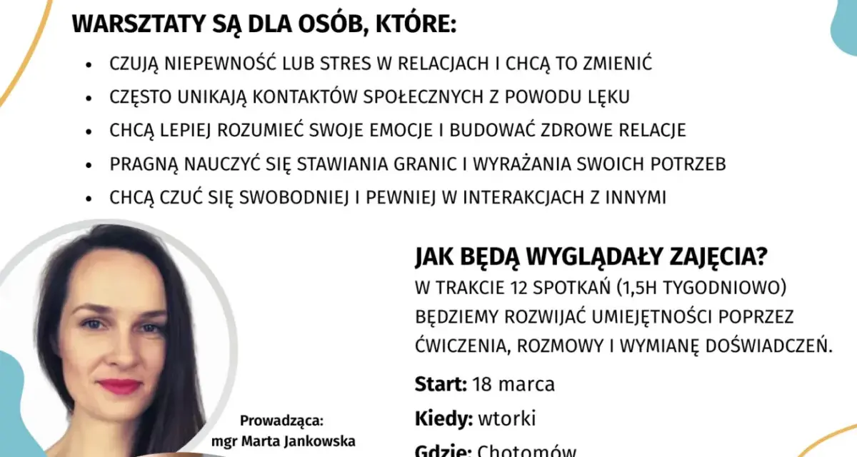 Trening umiejętności społecznych dla młodych dorosłych. Warsztaty pomagają zrozumieć emocje, budować relacje i pewniej czuć się w kontaktach.