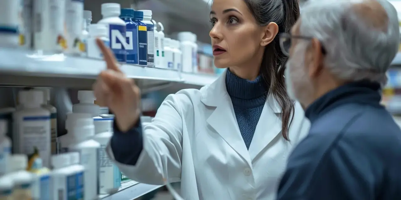 Młody technik farmacji pomaga starszemu panu wybrać odpowiednie leki z aptecznej półki.