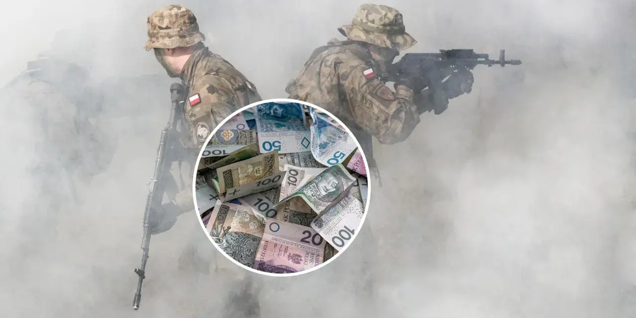Żołnierze w dymie z karabinami, a w tle stos polskich banknotów. Czy to pytanie o to, ile zarabia żołnierz?