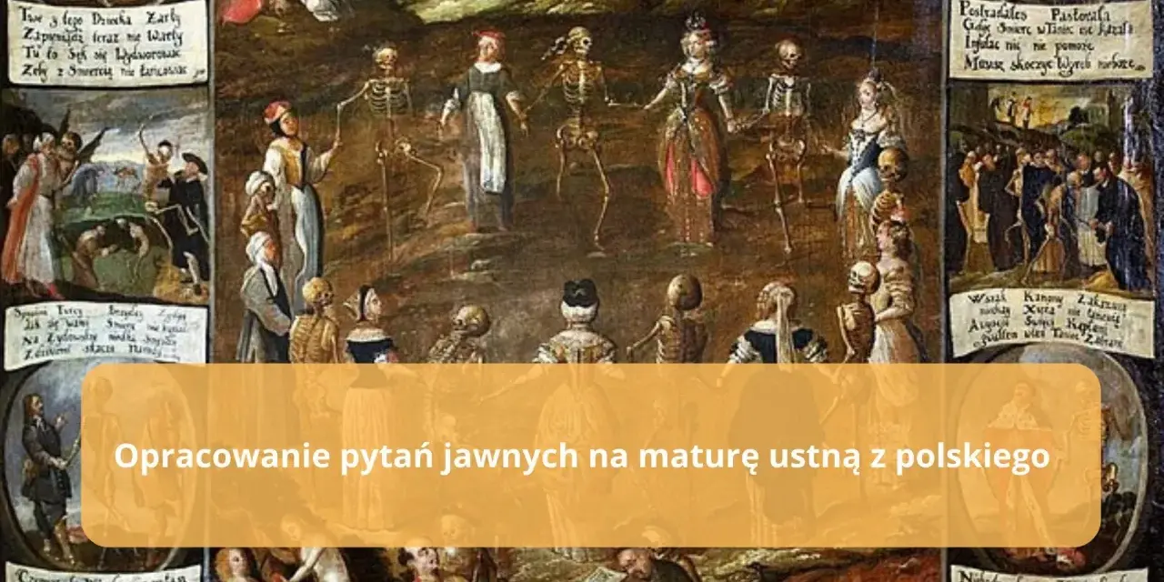 Obraz przedstawia motyw danse macabre, gdzie szkielety tańczą z ludźmi różnych stanów, przypominając o nieuchronności śmierci.