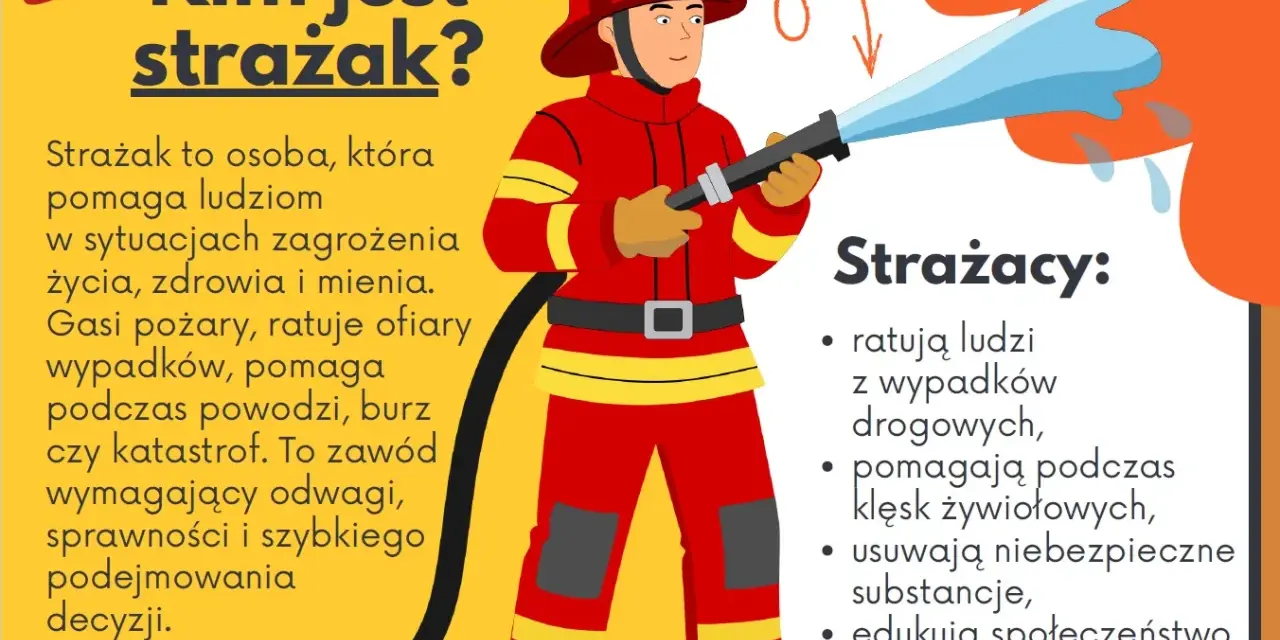 Odważny strażak w czerwonym stroju gasi pożar wodą z węża. Pomaga ludziom w potrzebie.