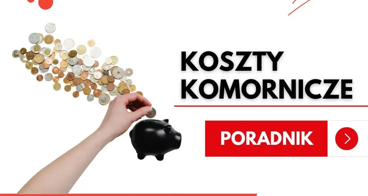 Ręka wrzuca monetę do świnki-skarbonki. Tekst: "Koszty komornicze". Dowiedz się, ile zarabia komornik.