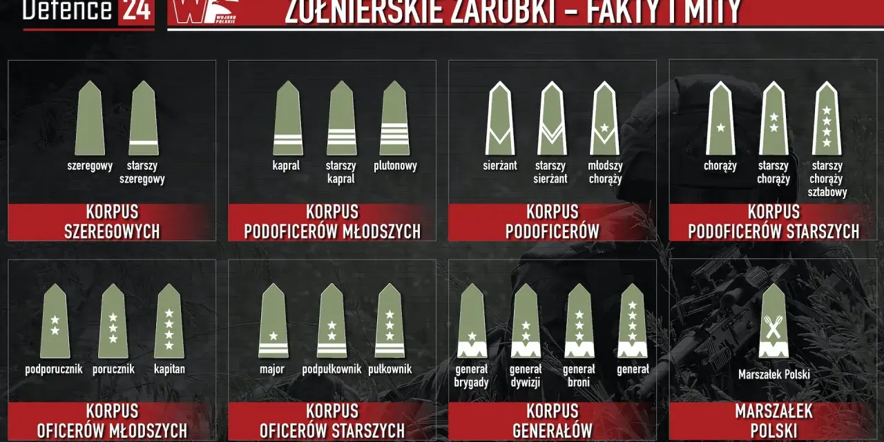 Grafika pokazuje stopnie wojskowe i korpusy, od szeregowego do Marszałka Polski, ilustrując, ile zarabia żołnierz zawodowy na różnych szczeblach kariery.