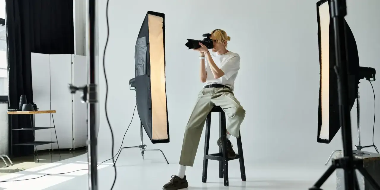 Młody fotograf z blond włosami, siedząc na stołku, robi zdjęcie aparatem. W studiu widać lampy i sprzęt. Zastanawiasz się, ile zarabia fotograf?