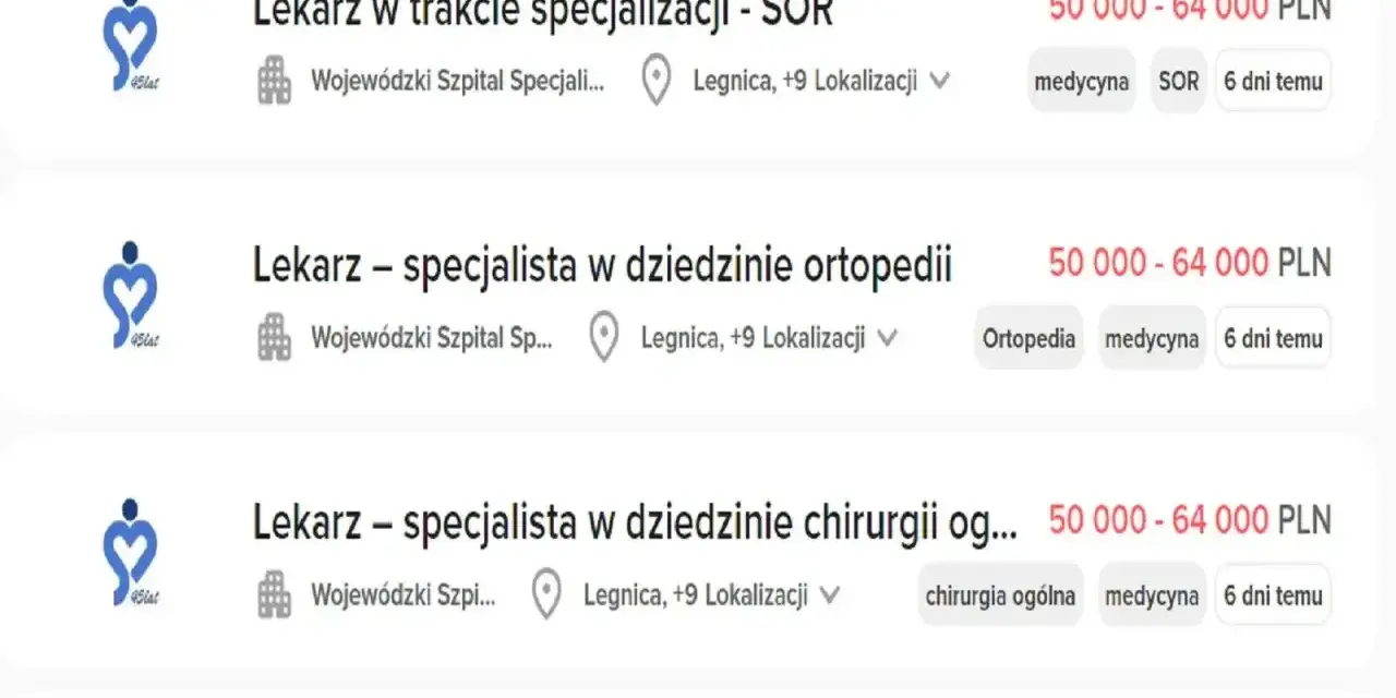 Zestawienie ofert pracy dla lekarzy w szpitalach, pokazujące, ile zarabia lekarz w zależności od specjalizacji i etapu kariery, np. 50 000-64 000 PLN.