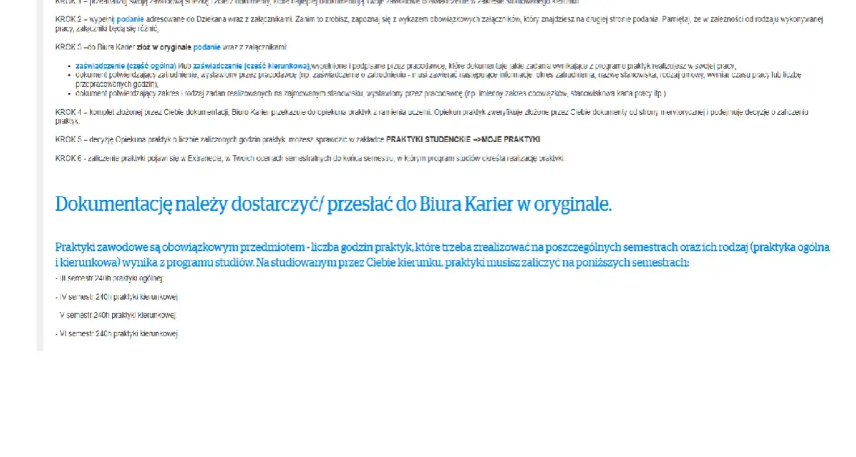 Dokumentacja praktyk studenckich do Biura Karier. Zaliczenie praktyk zawodowych na studiach.