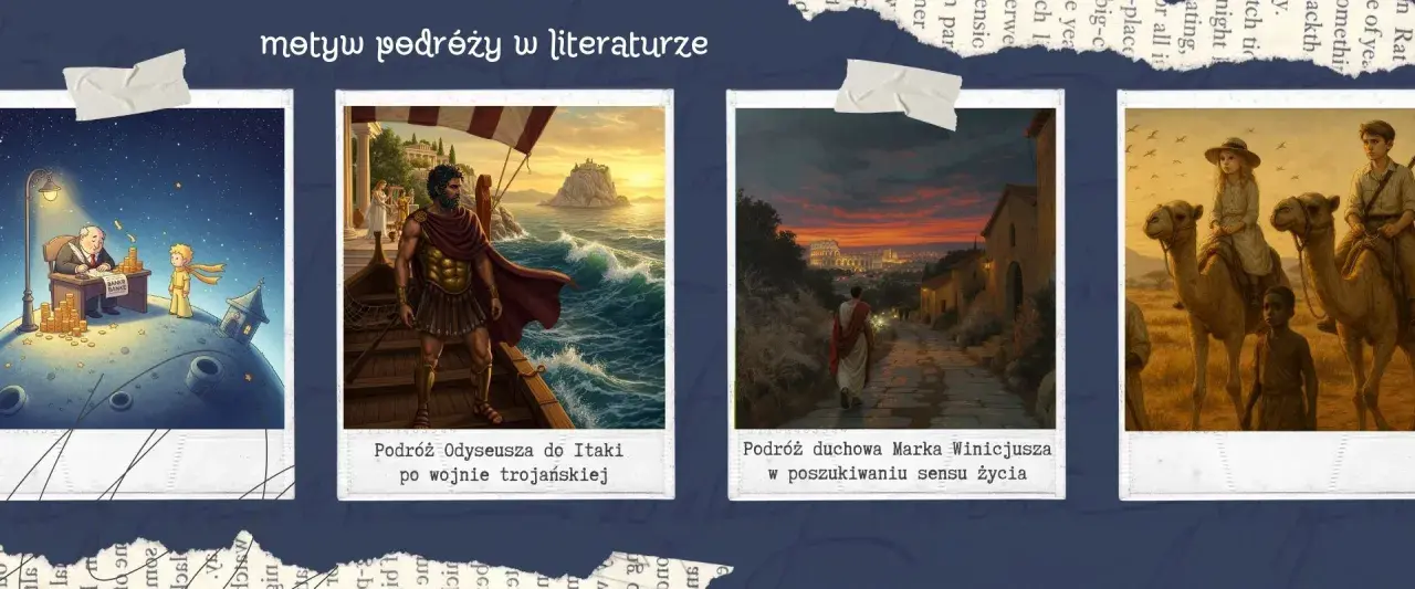 Ilustracje ukazują motyw podróży w literaturze: Mały Książę, Odyseusz, Marek Winicjusz i dzieci na wielbłądach.
