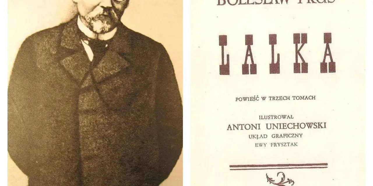 Portret Bolesława Prusa obok strony tytułowej jego dzieła "Lalka". Opracowanie graficzne Antoniego Uniechowskiego.
