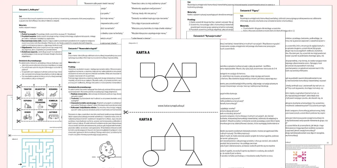 Karta A i B z figurami geometrycznymi do ćwiczenia komunikacji werbalnej i niewerbalnej.