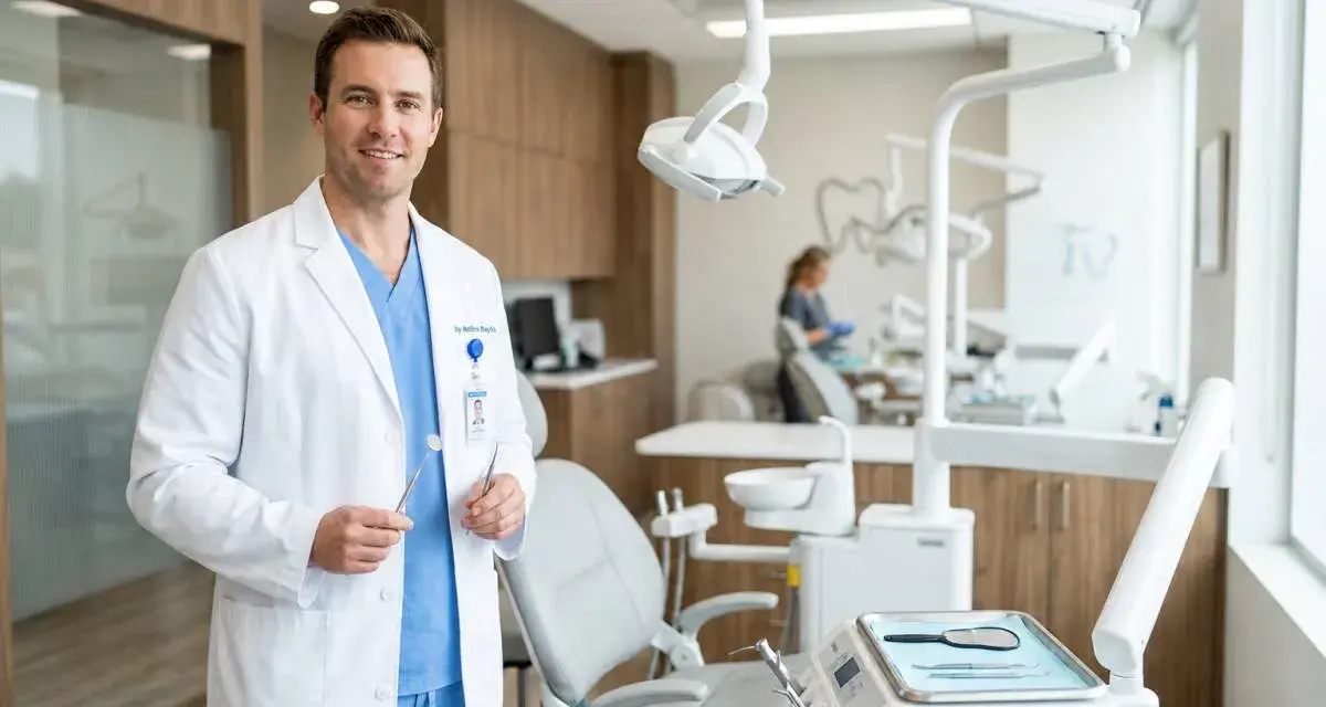 Uśmiechnięty dentysta w białym fartuchu trzyma narzędzia. W tle gabinet stomatologiczny, gdzie można dowiedzieć się, ile zarabia dentysta.
