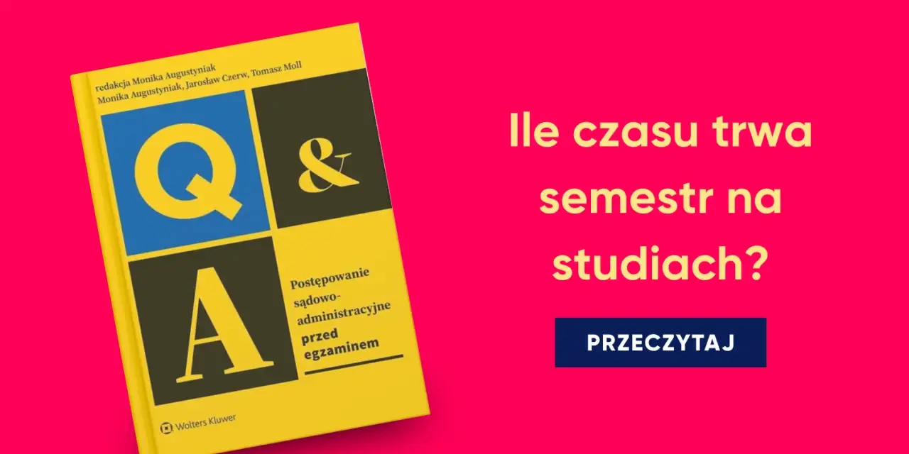Żółta książka "Q&A" obok pytania "Ile czasu trwa semestr na studiach?".