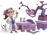 Kobieta z okularami, w fartuchu, bada fiolkę. Obok robot i dziwny stwór. To wizualizacja intp osobowości, pełna naukowych eksperymentów i fantazji.
