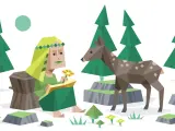 Kobieta o łagodnym spojrzeniu, niczym **INFP**, siedzi na pniu, trzymając kwiat. Obok niej stoi sarenka, a wokół rozciąga się las.