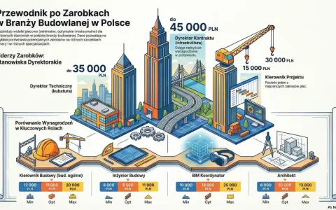 Ilustracja przedstawia schemat zarobków w branży budowlanej, z ikonami budynków i symbolami finansowymi.