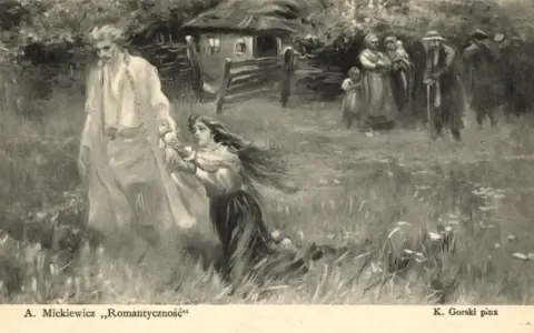 Scena z ballady romantyczność: dziewczyna błaga o litość, postać w bieli odchodzi, w tle chata i ludzie.