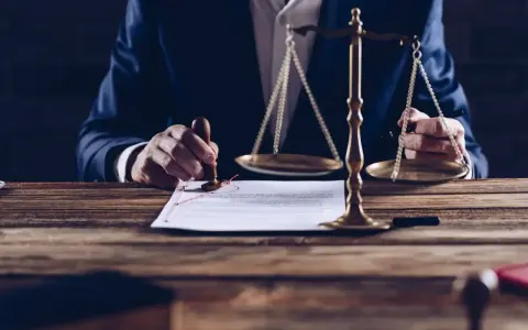 Sądowa waga sprawiedliwości i ręka stemplująca dokument.