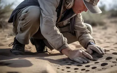 Archeolog w okularach i czapce z daszkiem klęczy na pustyni, badając dłońmi piasek.