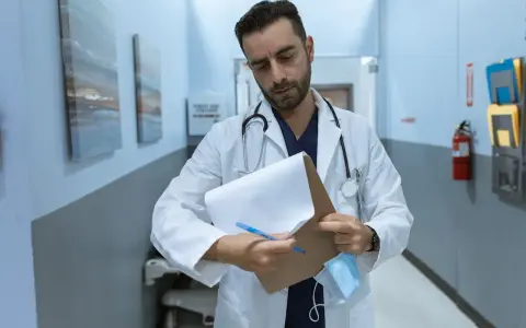 Lekarz stażysta w białym kitlu z notatkami i stetoskopem w szpitalnym korytarzu.