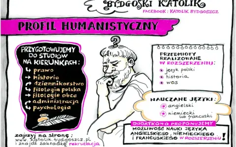 Profil humanistyczny w Bydgoskim Katoliku: przygotowanie do studiów na kierunkach prawo, historia, dziennikarstwo, filologie, administracja, psychologia. Nauka języków obcych.
