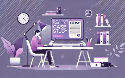 Ilustracja pokazuje osobę uczącą się, jak napisać case study. Na ekranie laptopa widnieje tytuł "HOW TO WRITE A CASE STUDY".