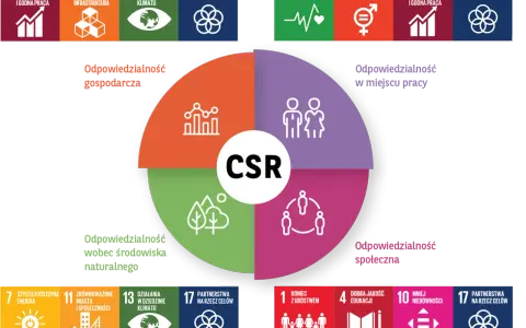 Diagram wyjaśnia, czym jest CSR: odpowiedzialność gospodarcza, w miejscu pracy, środowiskowa i społeczna.
