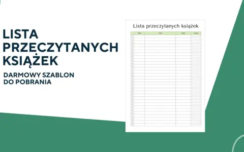 Lista przeczytanych książek – darmowy szablon do pobrania. Pomaga śledzić książki, które trzeba przeczytać, z miejscem na datę, tytuł, autora i ocenę.