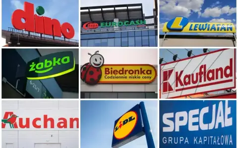 Logo sklepów: Dino, Eurocash, Lewiatan, Żabka, Biedronka, Kaufland, Auchan, Lidl, Specjał. Zastanawiasz się, ile zarabia się w Żabce?