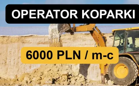 Operator koparki zarabia 6000 PLN miesięcznie. Żółta koparka pracuje na budowie, kopiąc ziemię.